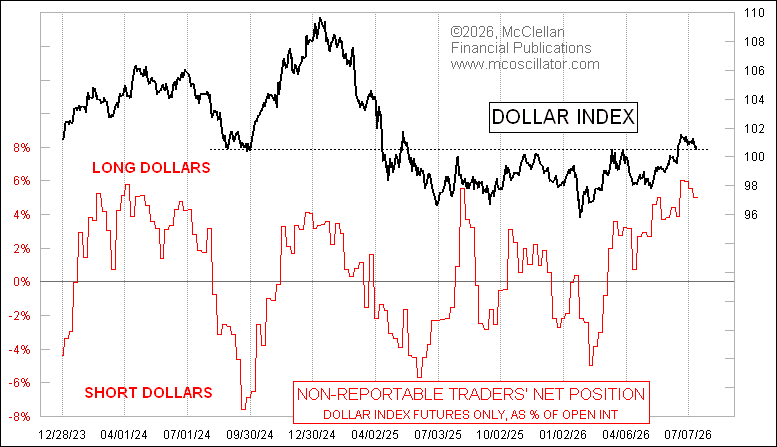 Posición neta de operadores no reportables en futuros del dólar frente al Dollar Index.